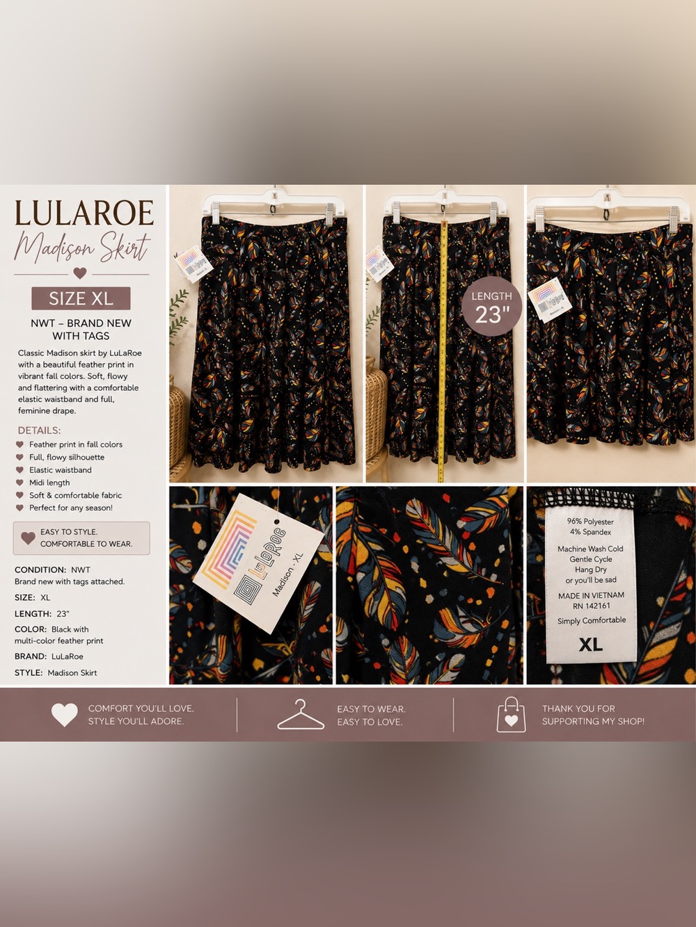 LuLaRoe Madison Abstract Print Maxi Skirt Black & Orange Medium NWT